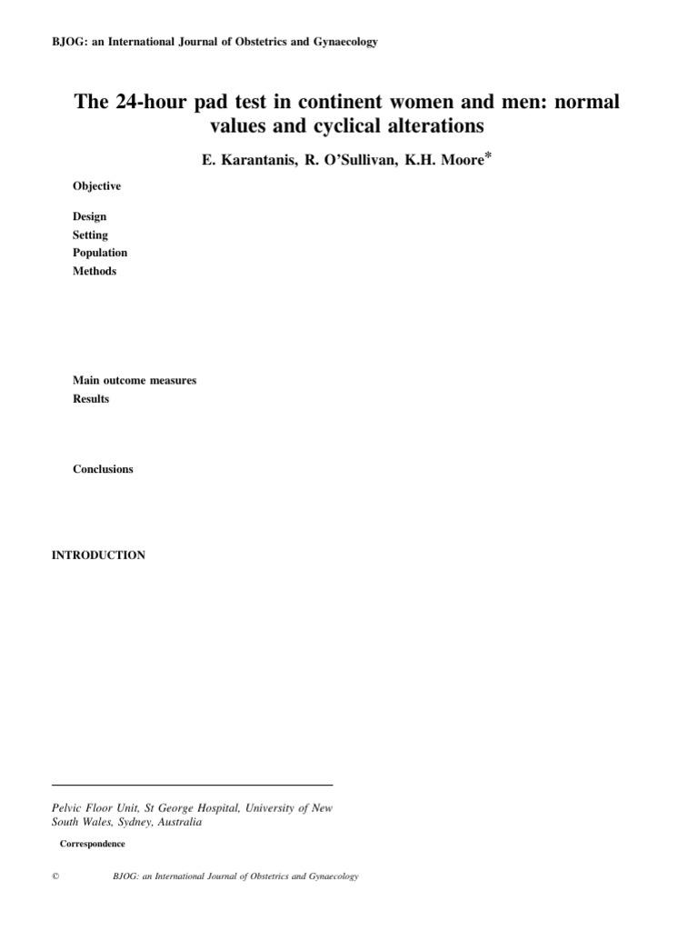 The 24 Hour Pad Test in Continent Women and Men Normal Values and ...