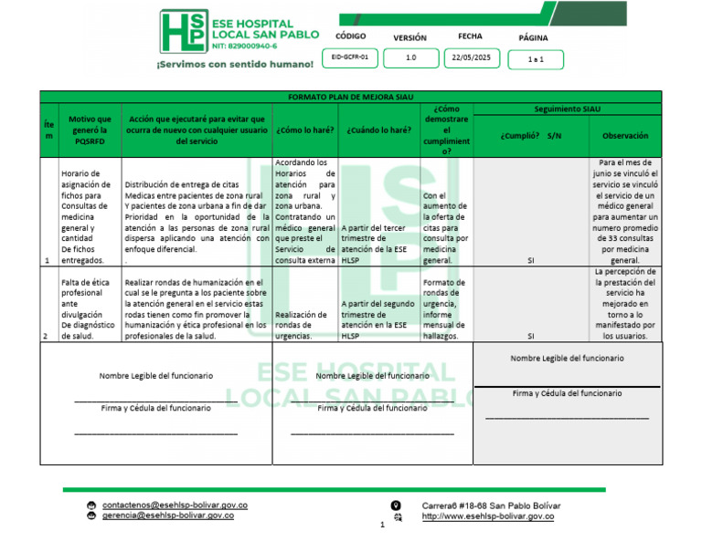 Formato de Plan de Mejora Siau | PDF | Cuidado de la salud | Medicina