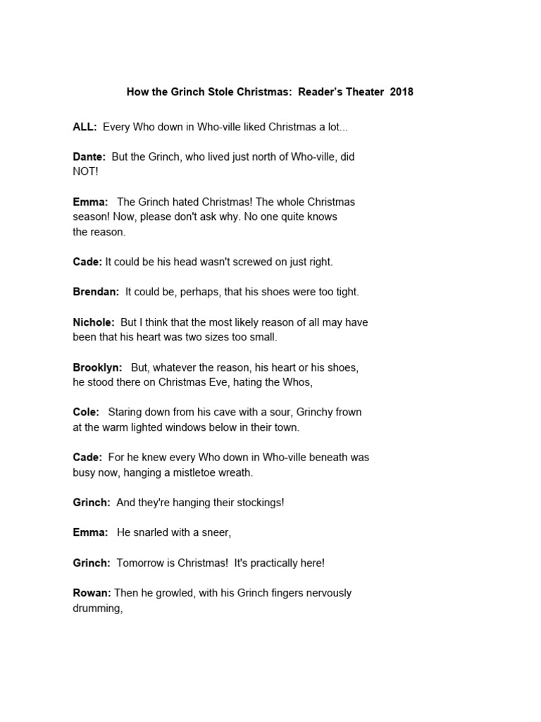 Grinch Christmas Reader's Theater Script | PDF | Dr. Seuss | Christmas ...