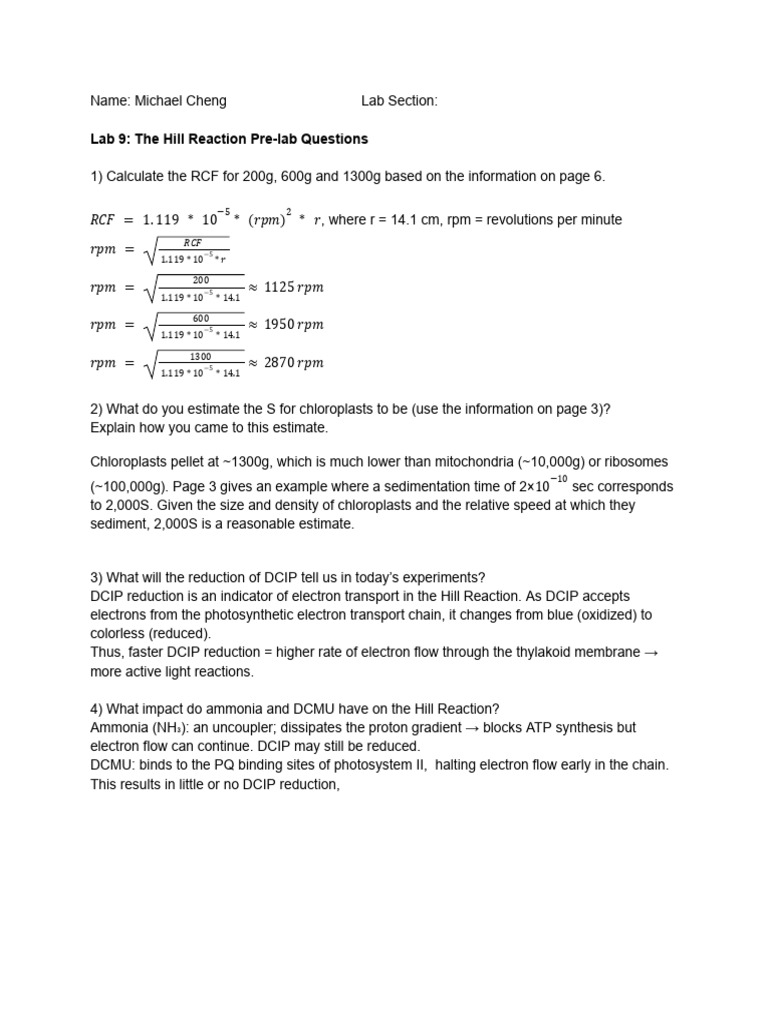 Hill Reaction Pre-lab Calculations and Insights | PDF