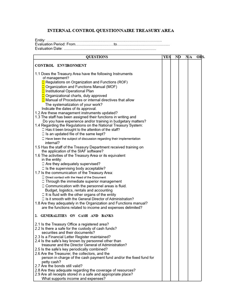 Treasury Internal Control Questionnaire | PDF | Budget | Warehouse