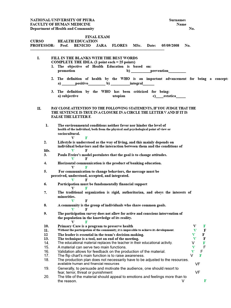 Health Education Final Exam Guide | PDF | Knowledge | Communication