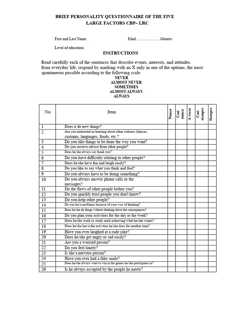 Brief Personality Questionnaire of The Five Big Factors CBP | PDF