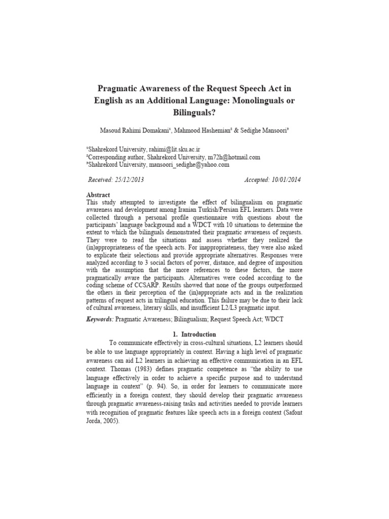 Bilingualism's Impact on EFL Pragmatic Awareness | PDF ...