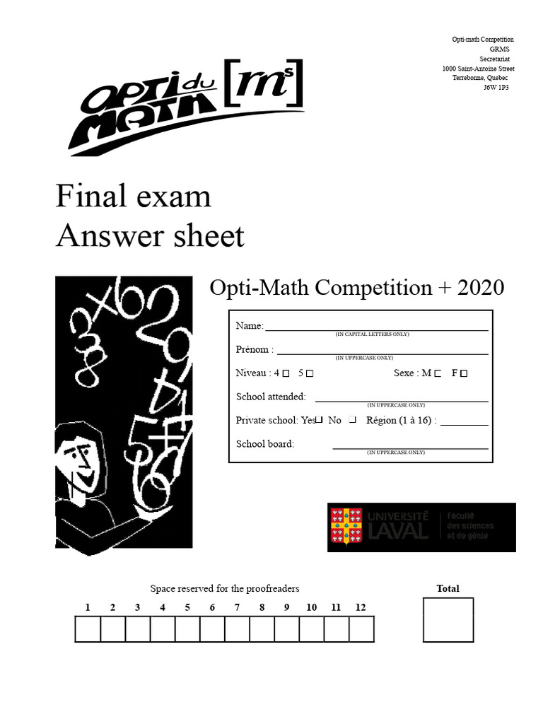 Opti-Math Competition 2020 Answer Sheet | PDF | Area | Elementary ...