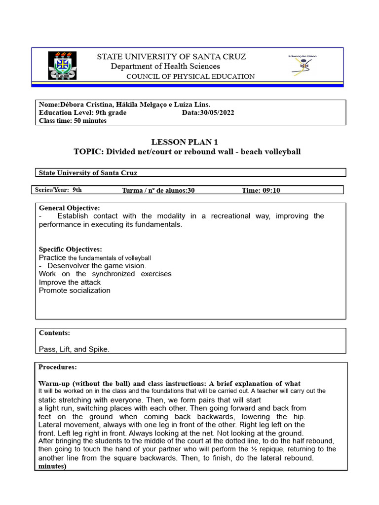 Beach Volleyball Lesson Plan for 9th Grade | PDF | Volleyball