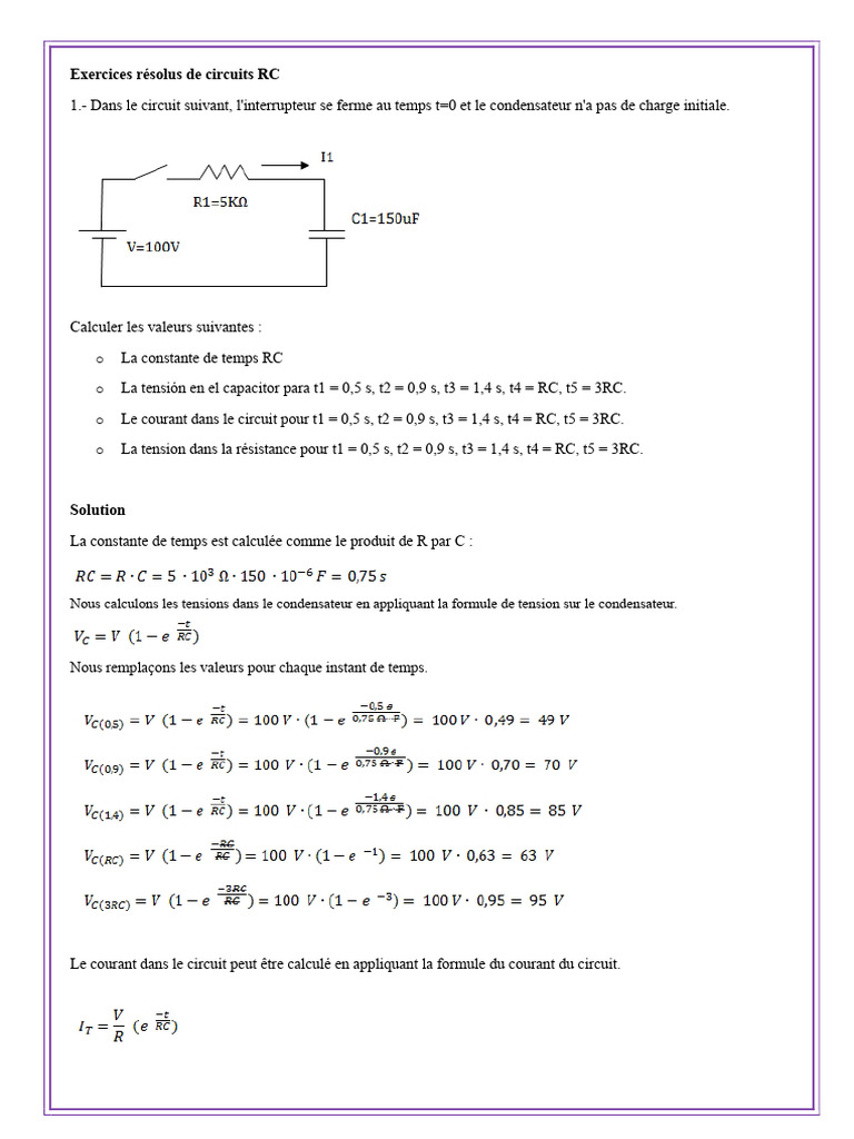 Exercices sur circuits RC : calculs et solutions | PDF