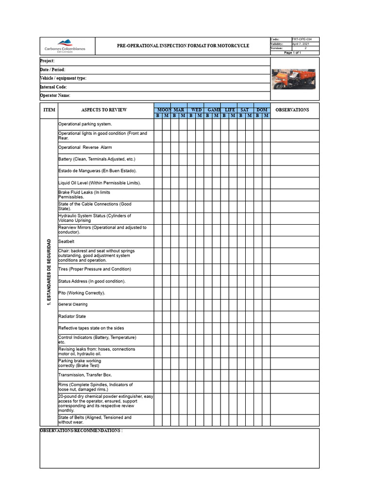Motorcycle Pre-Operational Inspection Checklist | PDF | Leak | Vehicles