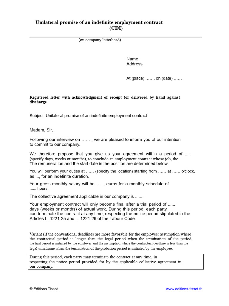 Unilateral Promise of An Indefinite Duration Employment Contract (CDI ...