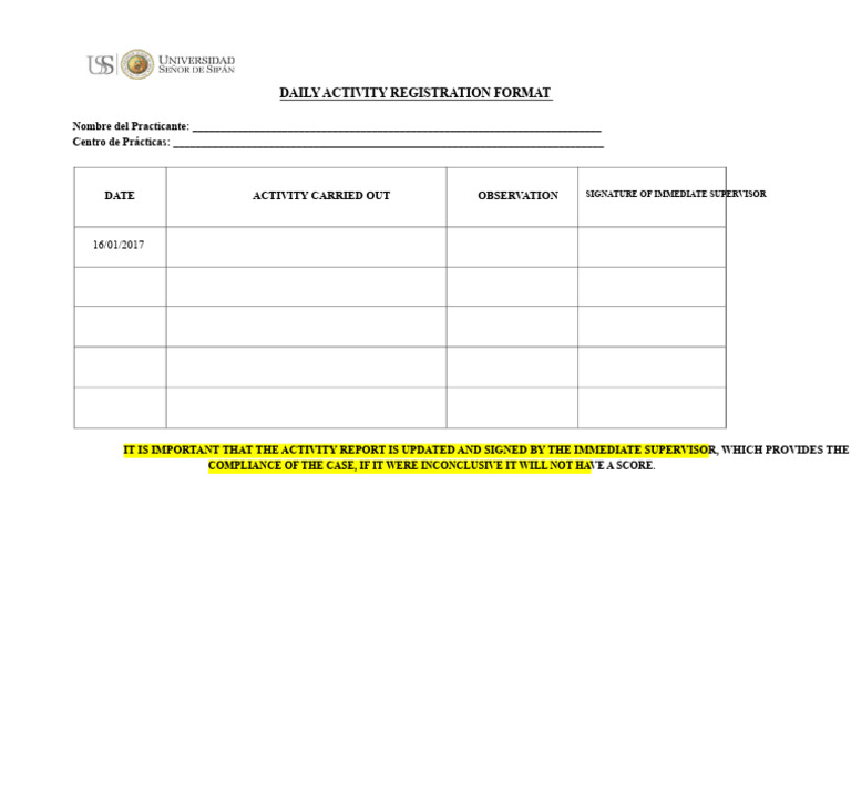 Daily Activity Registration Template | PDF