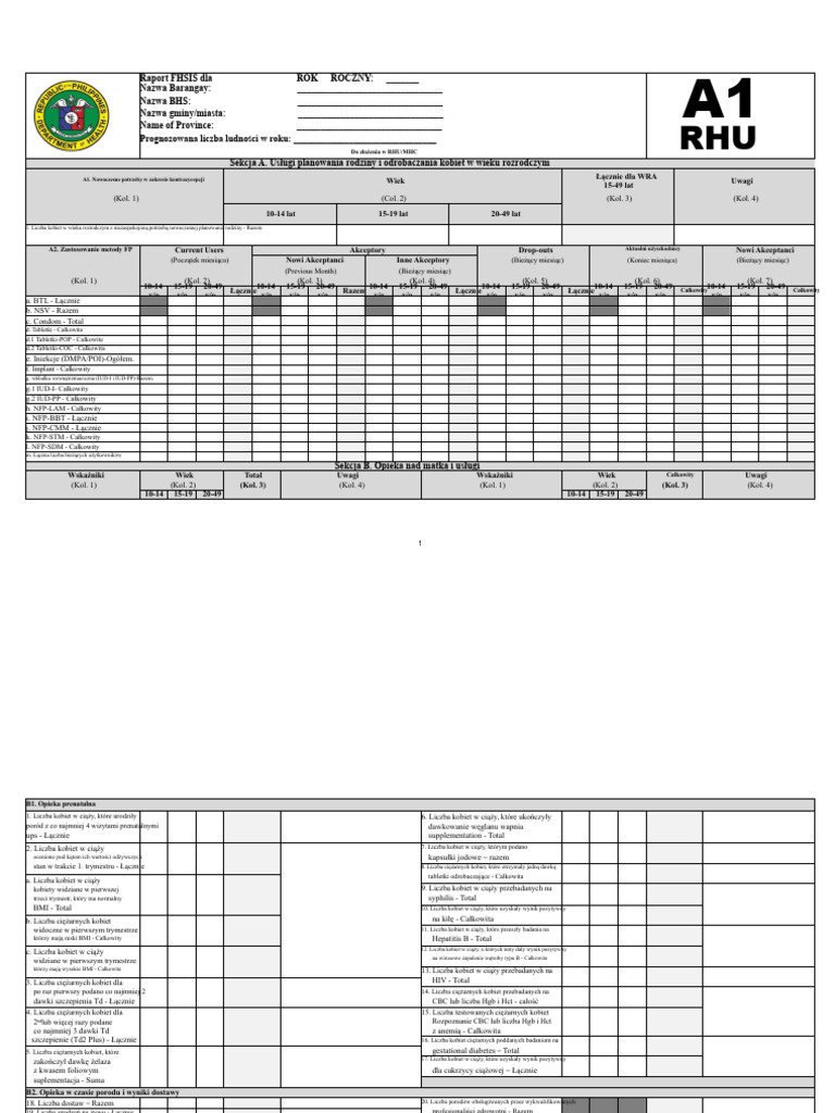 FHSIS Raport Formularze A1 M1 Q1 Wszystkie Programy | PDF