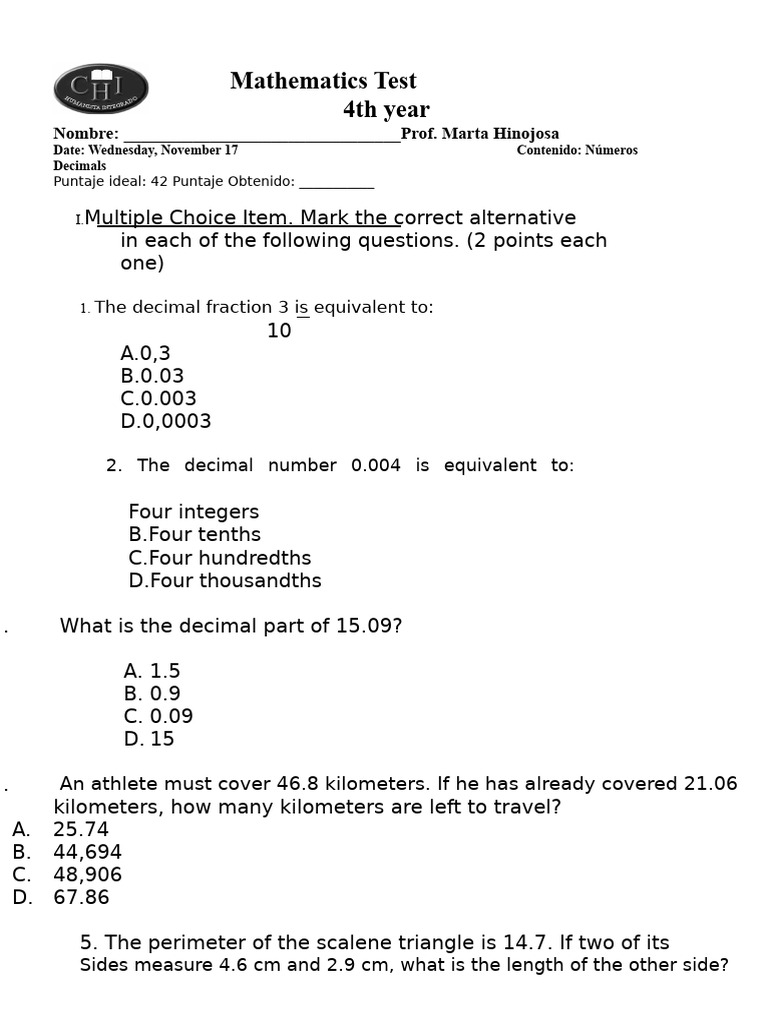 4th Year Mathematics Test on Decimals | PDF | Decimal | Multiple Choice