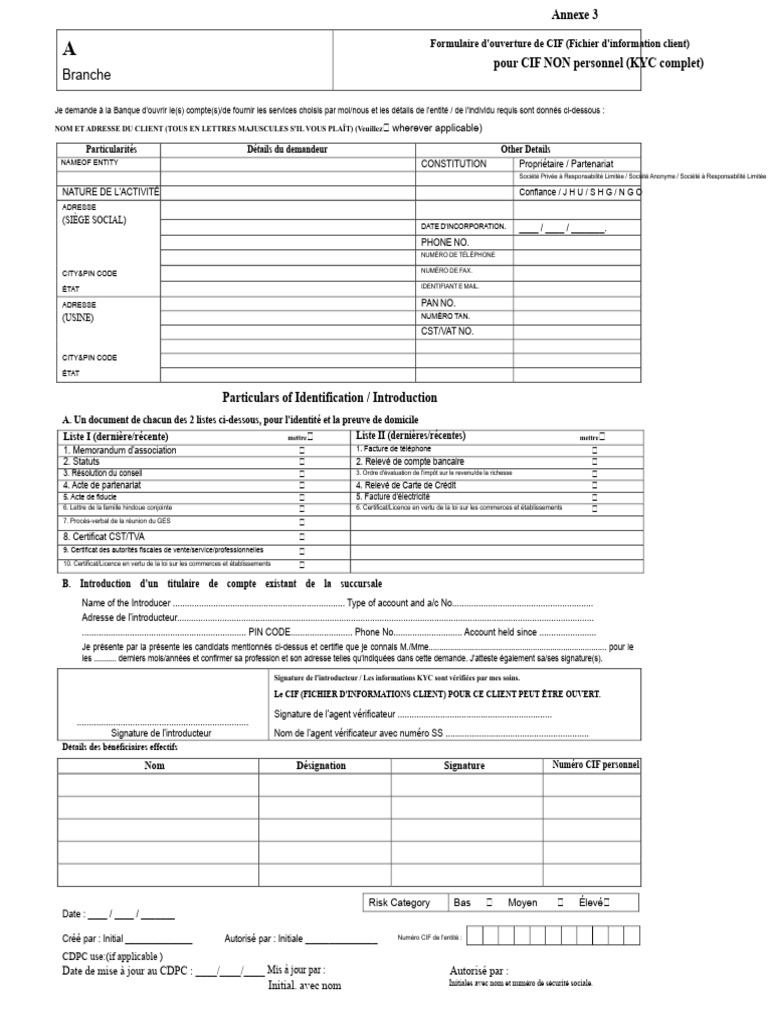 Formulaire d'ouverture de CIF KYC | PDF
