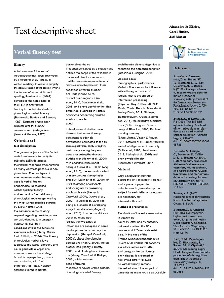 Verbal Fluency Test Overview and Methods | PDF | Word | Aphasia