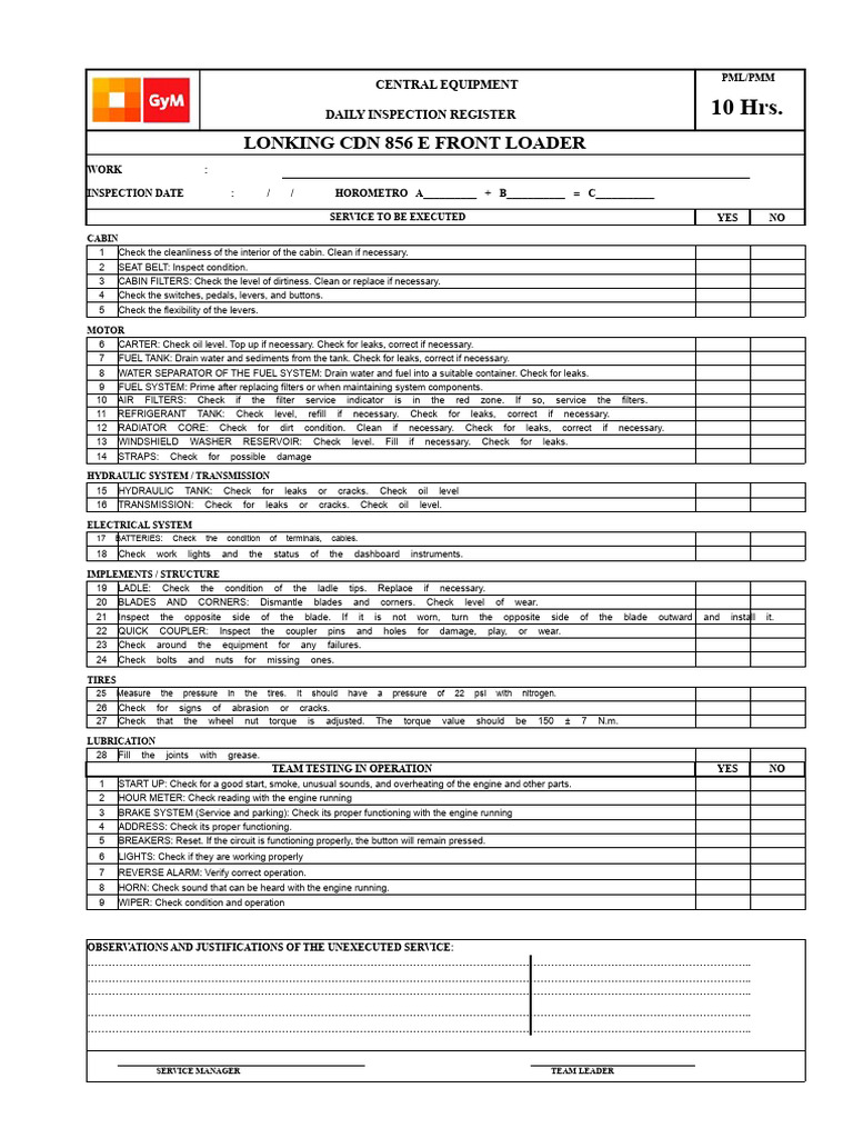 Daily Inspection Checklist for Front Loader | PDF | Motor Oil | Brake