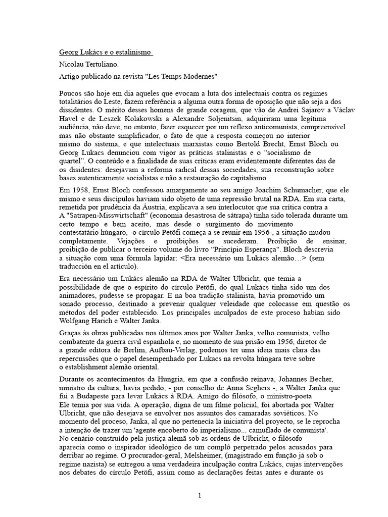 Nicolás Tertulian - Georg Lukács e o Stalinismo | PDF | Karl Marx ...