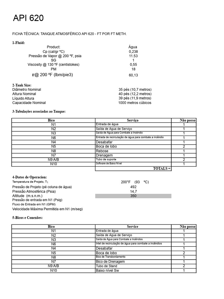 Ficha Técnica Tanque Atmosférico API 620 | PDF | Quantidade | Matéria ...