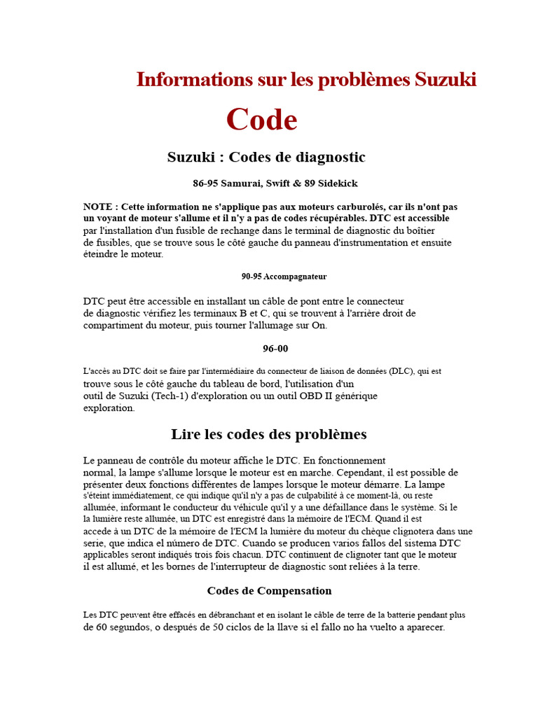 Codes de diagnostic Suzuki et solutions | PDF
