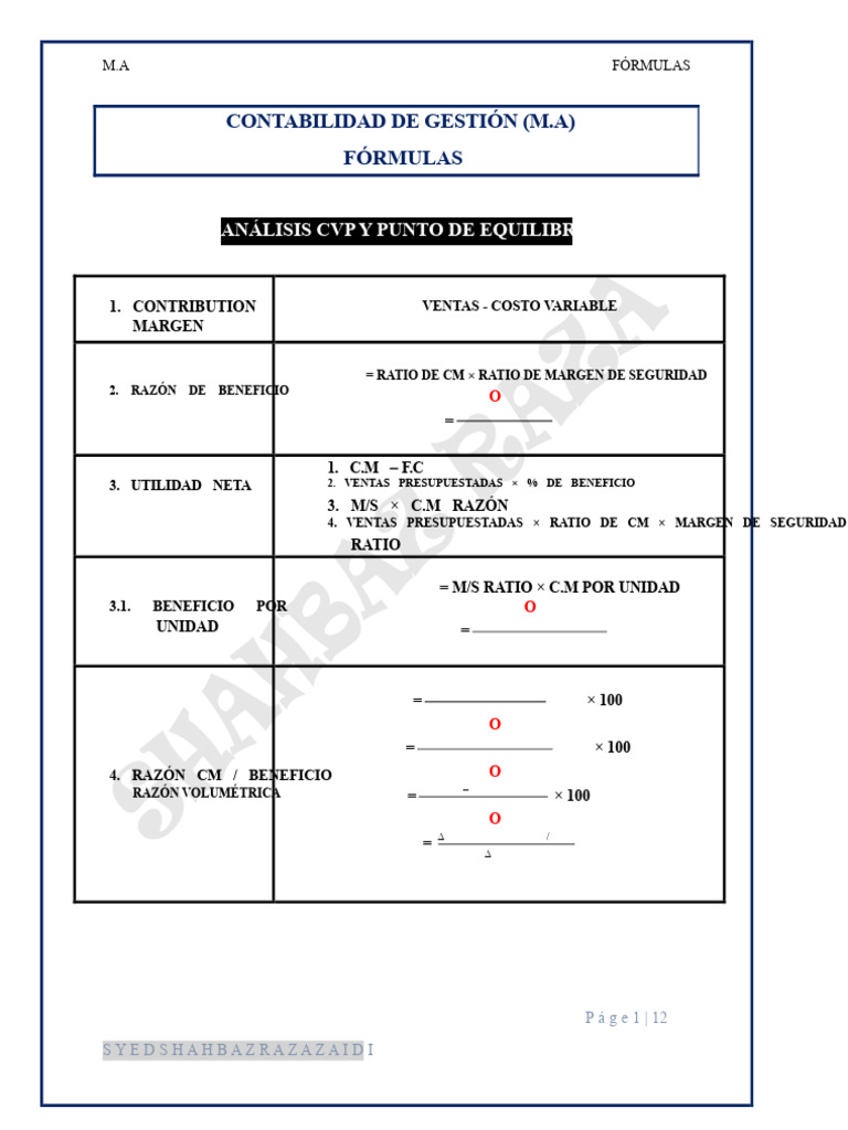 Fórmulas Clave en Contabilidad de Gestión | PDF | Contabilidad de ...