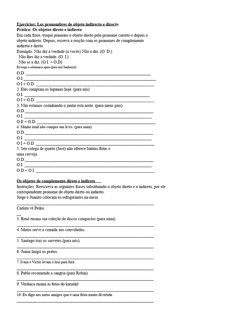 Exercícios de Pronomes Diretos e Indiretos | PDF | Objeto (gramática ...
