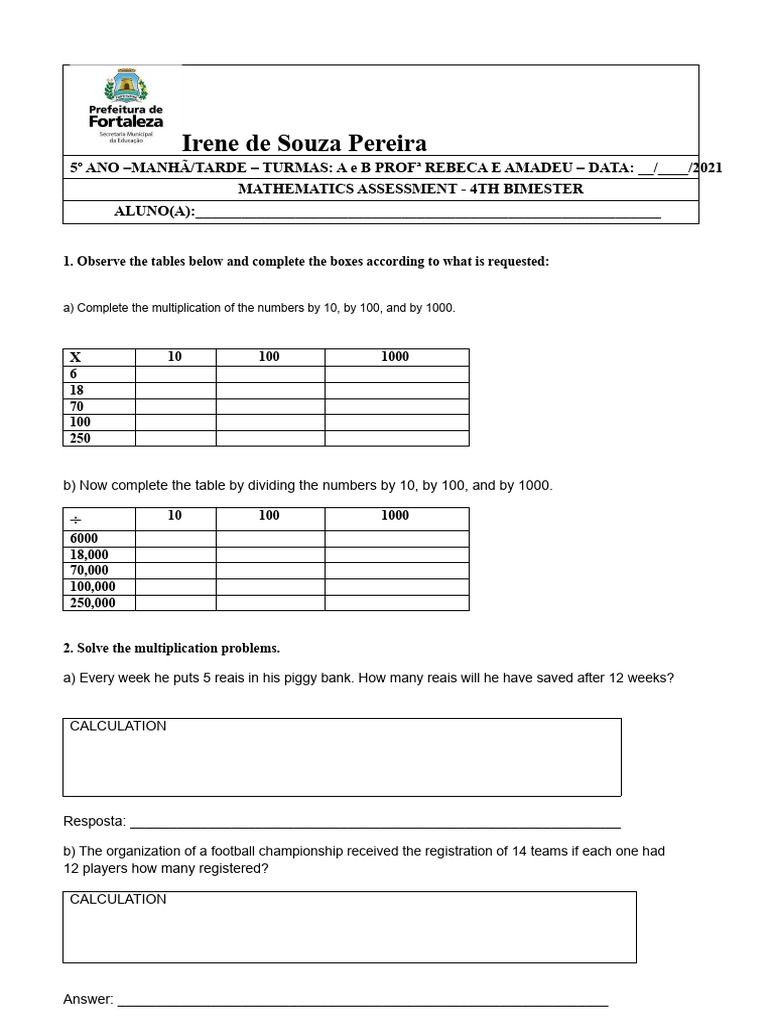 Mathematics assessment 4th quarter 5th grade 2021 incomplete | PDF