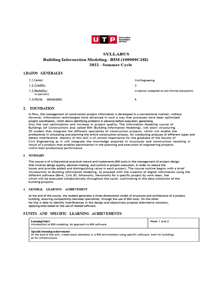 BIM Course Syllabus for Civil Engineering | PDF | Building Information ...