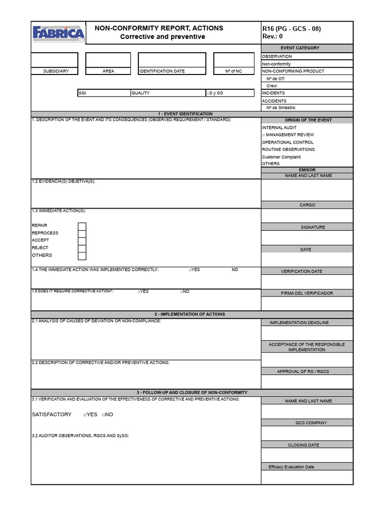 R16 (PG - GCS - 08) Non-Conformity Form For Corrective and Preventive ...