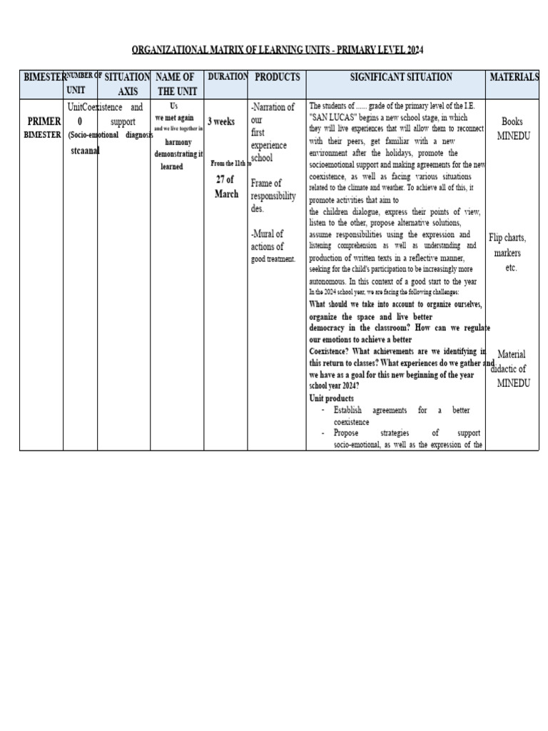 Organization Matrix of Learning Units PRIMARY LEVEL 2024 | PDF ...