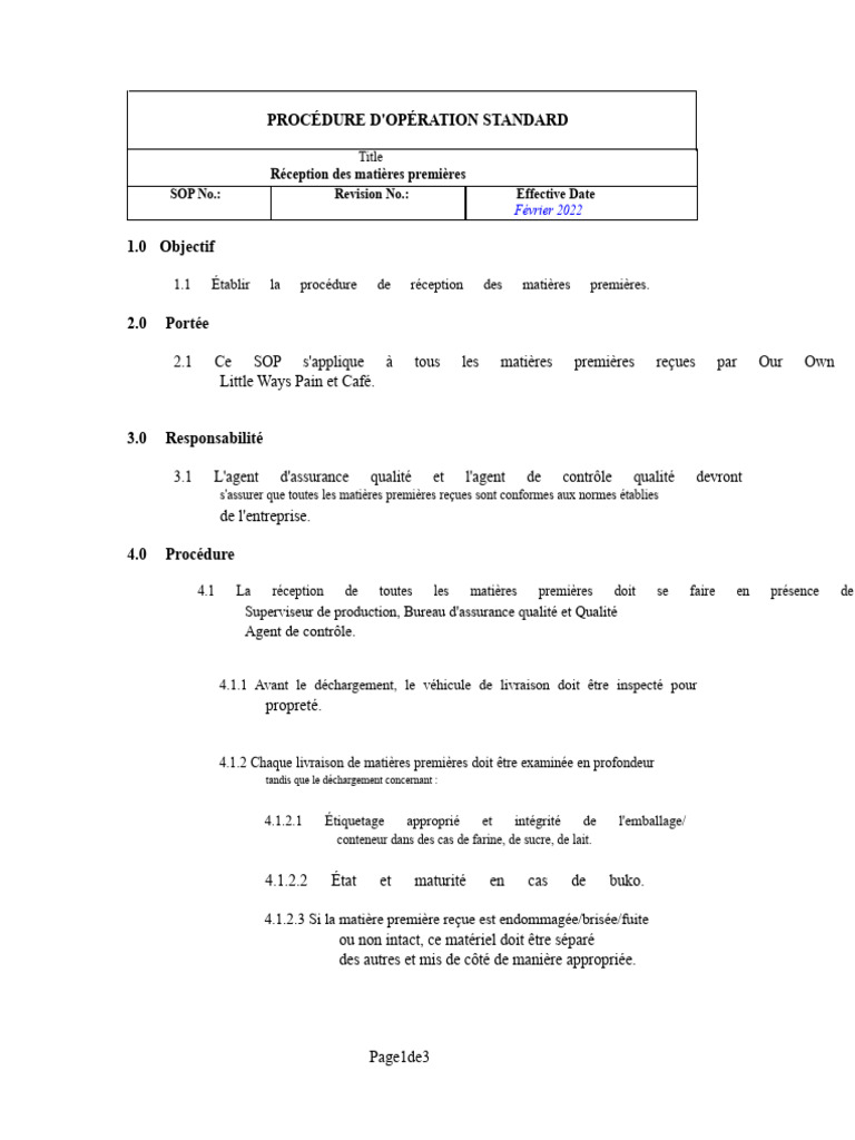 Réception des matières premières SOP | PDF