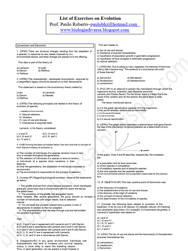 Exercises on Evolution Theories | PDF | Natural Selection | Evolution