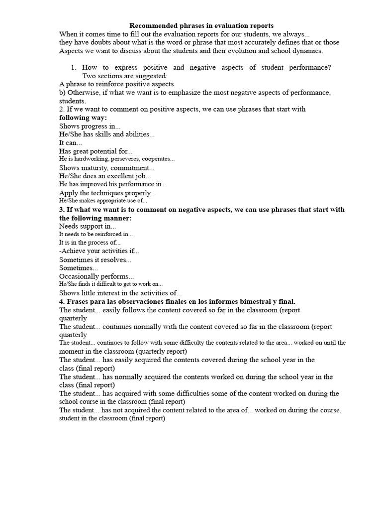 Phrases, Recommendations, Comments - Evaluation Reports | PDF ...