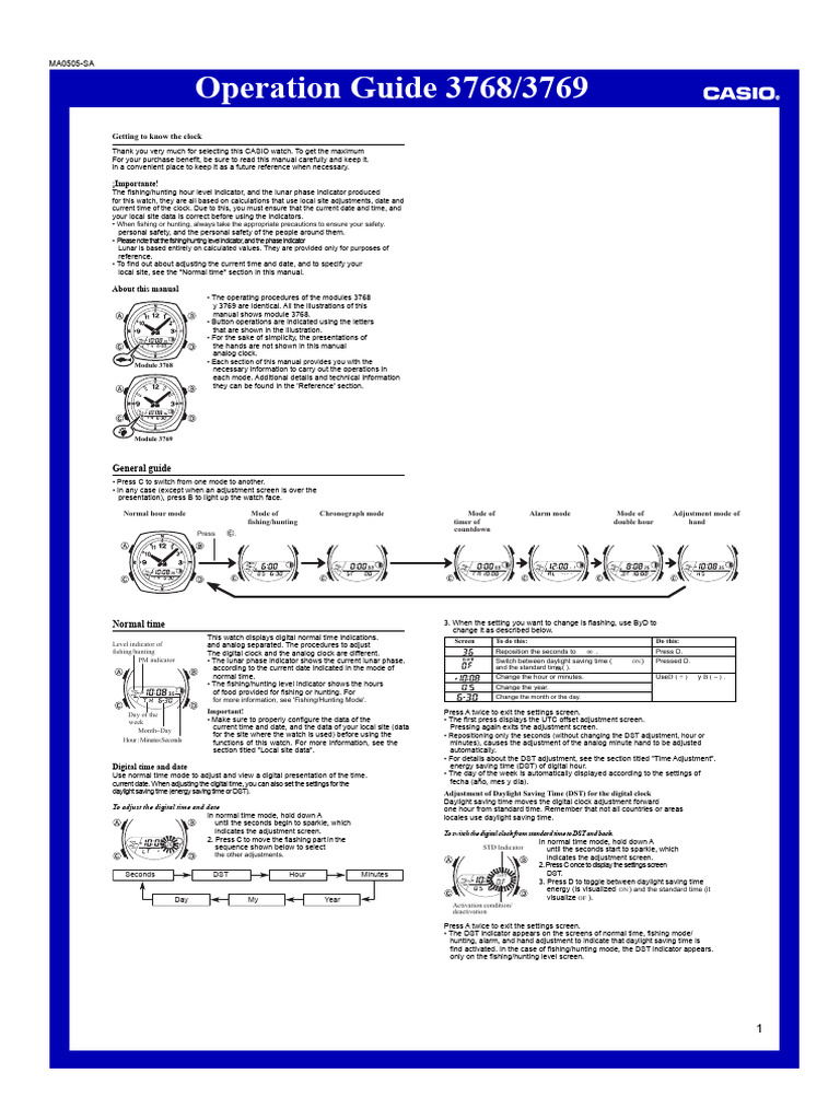 CASIO Watch Operation Guide 3768/3769 | PDF | Daylight Saving Time | Clock