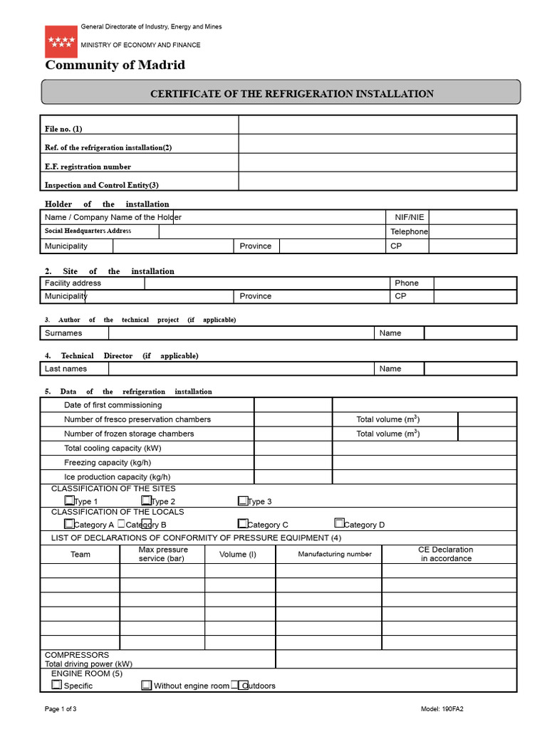 Madrid Refrigeration Installation Certificate | PDF | Refrigeration ...