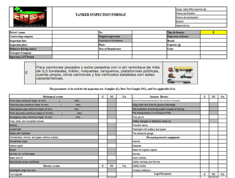 Tanker Inspection Checklist Template | PDF | Tire | Truck