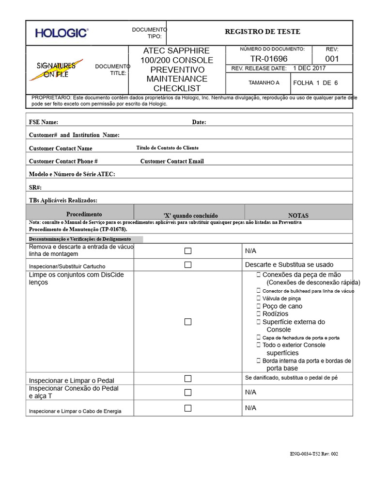 Checklist de Manutenção ATEC Sapphire | PDF | Motores | Vácuo