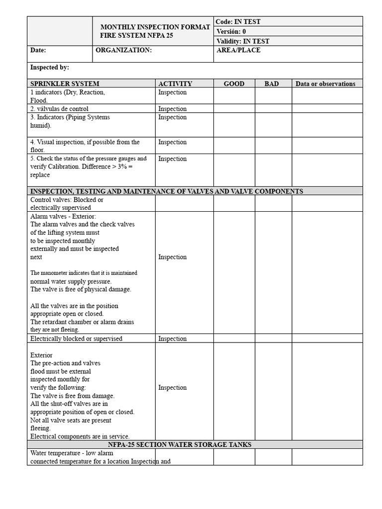 Monthly Fire System Inspection Checklist | PDF | Fire Sprinkler System ...