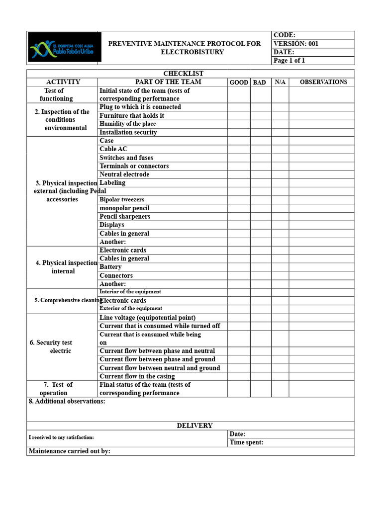 Electrobistury Preventive Maintenance Checklist | PDF | Electrical ...