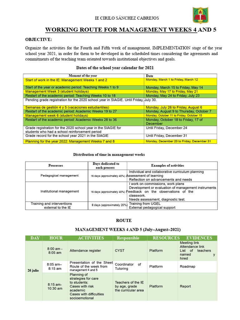 Management Weeks 4 & 5 Plan 2021 | PDF | Learning | Teaching