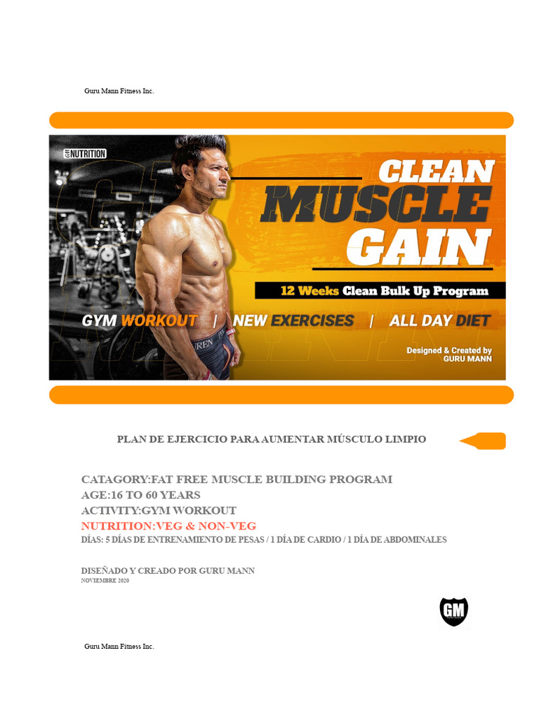 CLEAN MUSCLE GAIN Workout Plan by Guru Mann PDF | PDF | Ciencia ...
