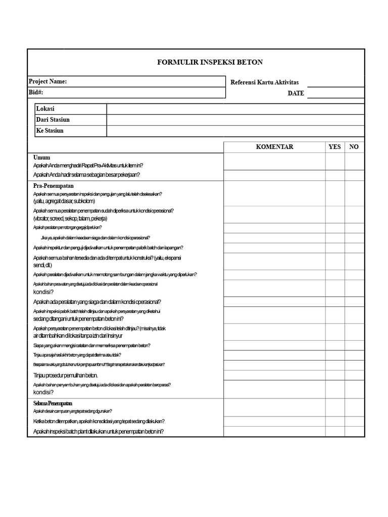Formulir Inspeksi Beton Proyek | PDF