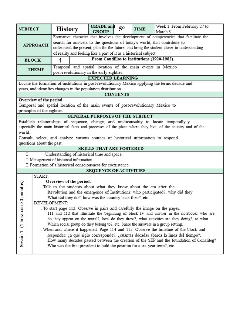 5th Grade Plan - Block 4 History (2016-2017) | PDF | Mexico