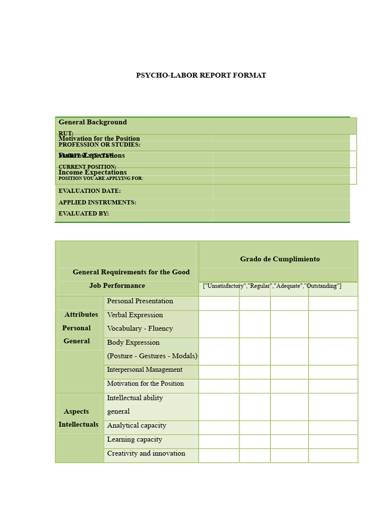 Psycholaboral Report Format | PDF