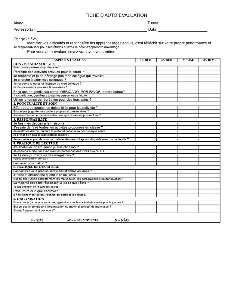 Fiche d'Auto-Évaluation Scolaire | PDF
