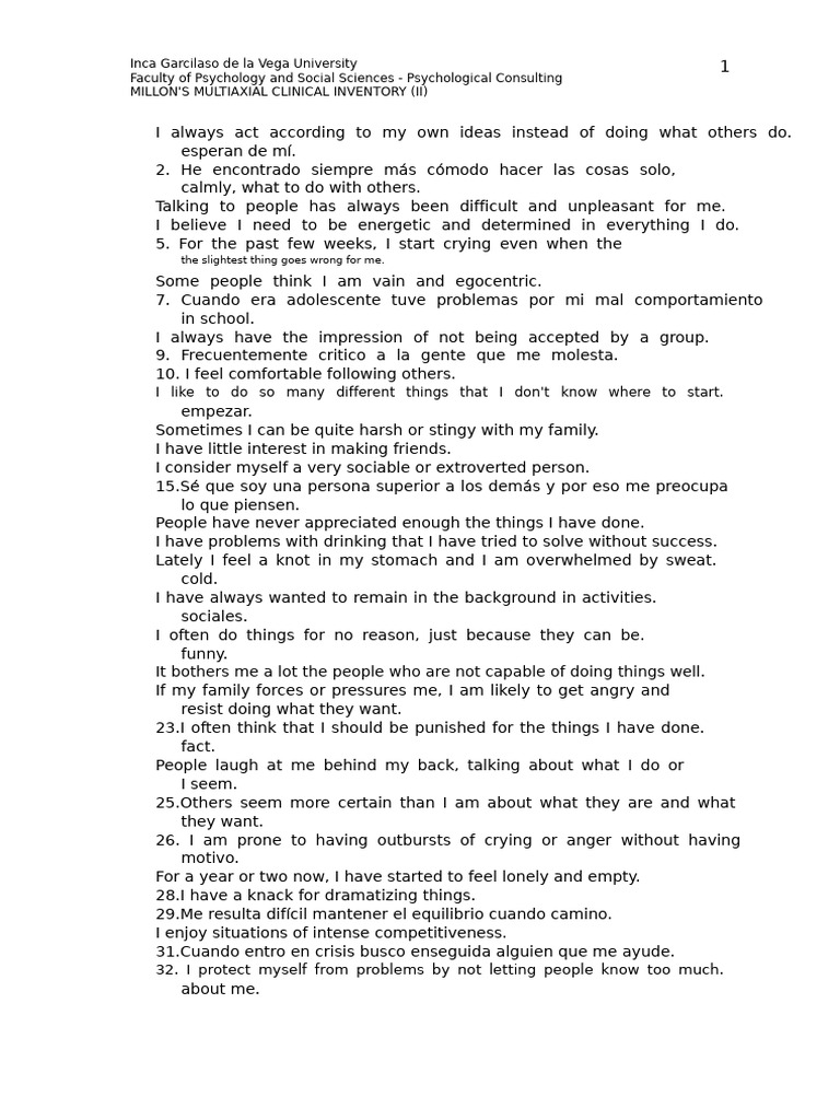 Millon's Multiaxial Clinical Inventory II | PDF | Mental Health ...