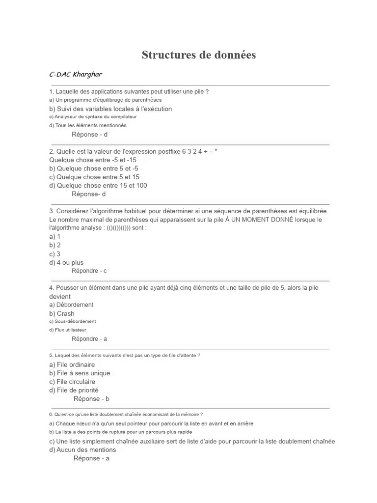 Quiz sur les structures de données et algorithmes | PDF | Algorithmes ...