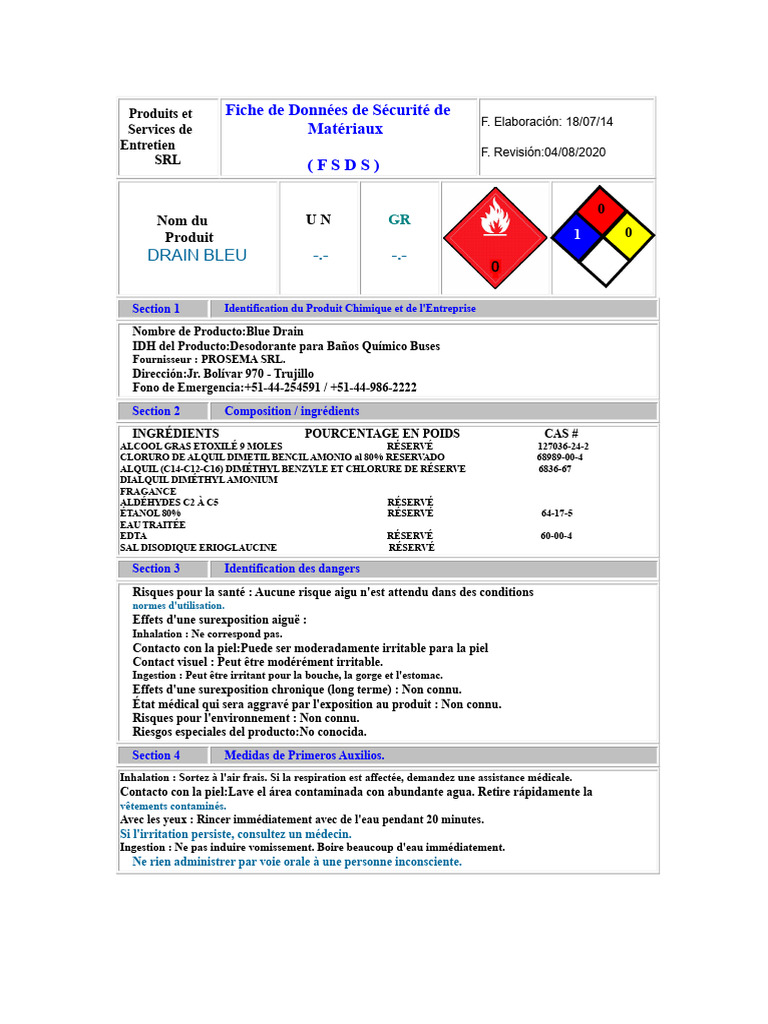Fiche de Sécurité pour DRAIN BLEU | PDF | Substances chimiques | Chimie