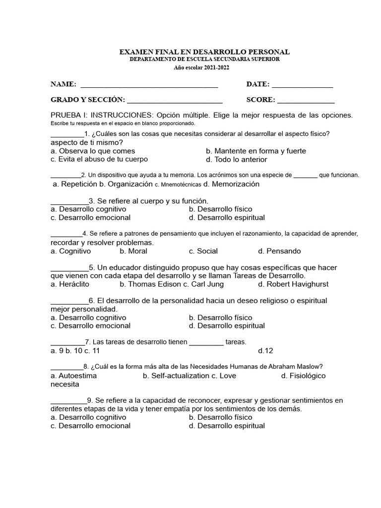 Examen Final de Desarrollo Personal | PDF | Cognición | Desarrollo ...
