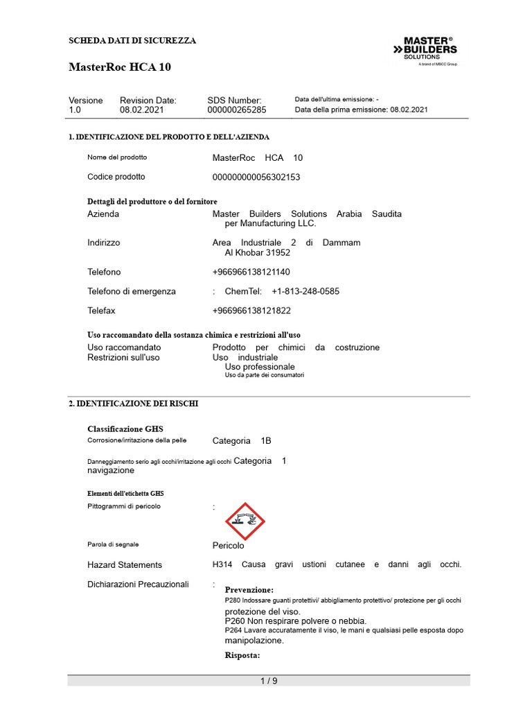 Scheda Di Sicurezza Del MasterRoc HCA 10 | PDF