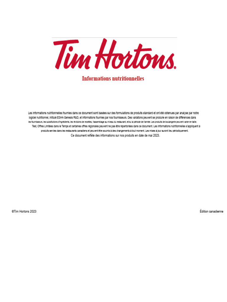 Informations Nutritionnelles Tim Hortons | PDF | Beignet | Cuisine
