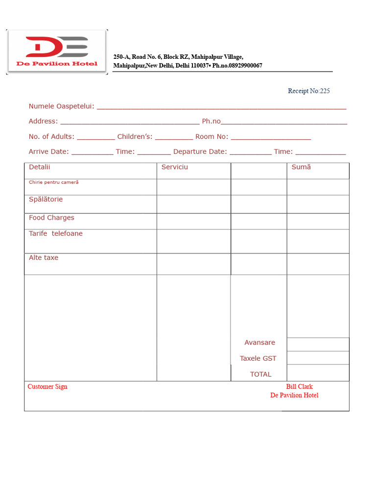 Hotel Receipt Template for Guests | PDF